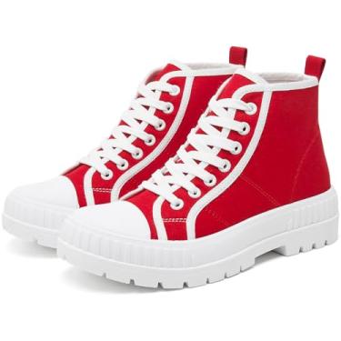 Imagem de Rominz Tênis feminino com plataforma branca, moderno, cano alto, tênis de lona com cadarço preto e plataforma casual, Vermelho, 40