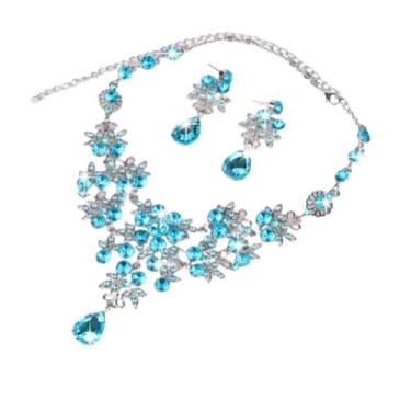 Imagem de Conjunto Colar e Brincos Strass Brilho Azul Luxo - anjo da mamãe, Azul