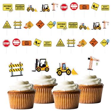 Imagem de 30 PCS Construction Cupcake Toppers,Dump Truck, Excavator, Tractor Party Cake Picks for Kids Birthday, Baby Shower Supplies, Traffic Sign & Stop Sign Decorations for Construction Themed Parties