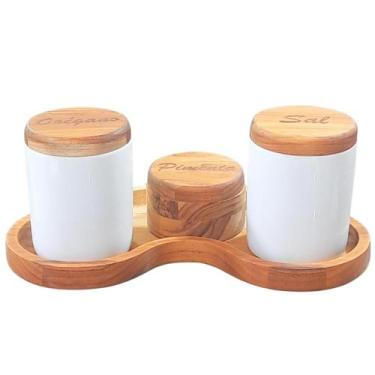 Imagem de Kit p/ temperos - condimentos 4 Pçs - Porcelana c/ Madeira Teca - Anti