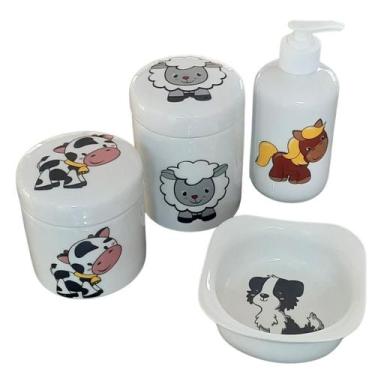 Imagem de Kit higiene bebê Fazendinha 4 peças - potes, porta álcool e molhadeira