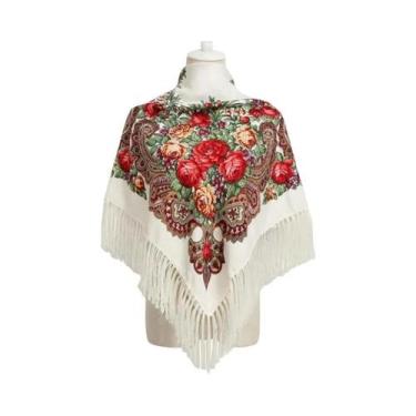 Imagem de Lenço Quadrado Floral com Franjas - Estilo Ucraniano Babushka, Bege