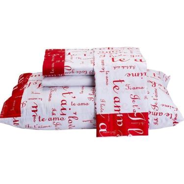 Imagem de Jogo De Lençol Te Amo Queen 4 Peças Estampado 100% Algodão Percal 150 Fios - Vermelho-branco