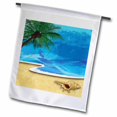 Imagem de 3dRose fl_152537_1 Cena de praia com uma palmeira, concha do mar e bandeira de jardim de surfista, 30 x 45 cm