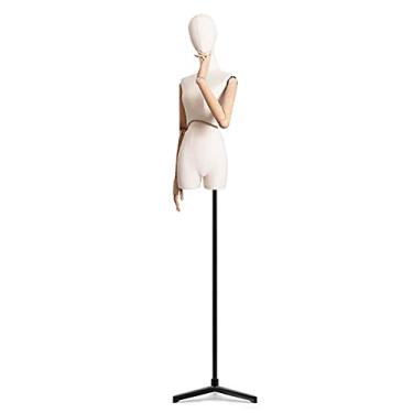Imagem de CUTPOIY Meio manequim bege com braço de madeira, altura ajustável forma feminina manequim corpo do tronco, para exibição de suéteres de roupas (suporte de tripé médio)