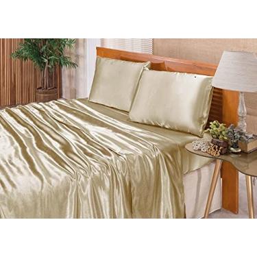 Imagem de Jogo De Lençol Casal Queen Cetim Seda Bege 4 Peças