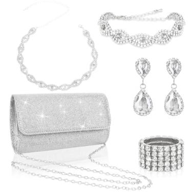 Imagem de ACO-UINT Conjunto de joias de strass com 5 peças de bolsa clutch para mulheres, colar de formatura, brincos, pulseira, anel com glitter, joias formais para mulheres para uso noturno, Metal, Strass