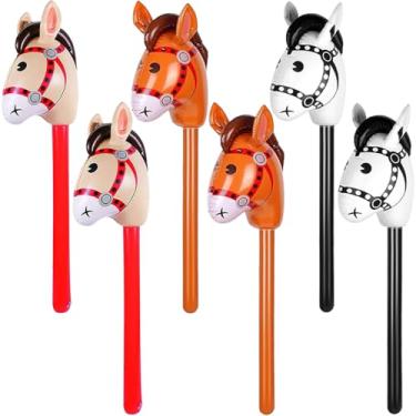 Imagem de 6 peças de cavalo inflável - pônei/cowboy ocidental/cavalo decoração de festa de aniversário cabeça de cavalo inflável (vermelho, marrom, preto)
