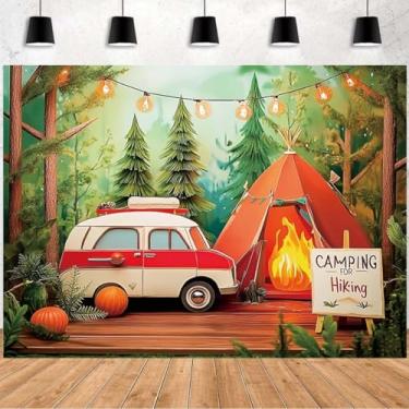 Imagem de Pano de fundo vibrante para acampamento, piquenique, cenário de floresta, cenário de acampamento, perfeito para meninos, crianças, adolescentes, chá de bebê, festas, fogueira, barraca e van Scen (A