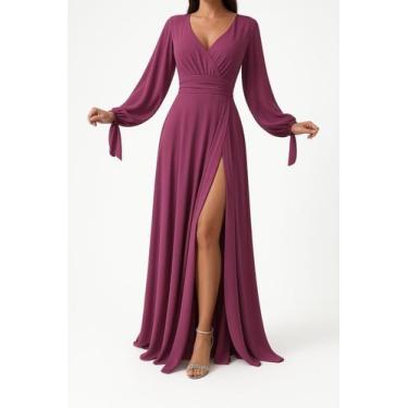 Imagem de Vestido Longo Festa Madrinha Manga Aberta Com Fenda E Decote - Casual 