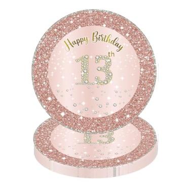 Imagem de YLOIJO Pratos de festa de feliz aniversário, confete, suprimentos para festa de aniversário, pratos de jantar de 18 cm (24 unidades) ouro rosa 13 anos