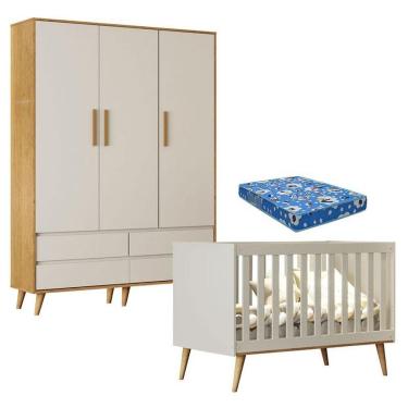Imagem de Berço Americano Ludmila E Guarda Roupa Infantil Lorena 3 Portas Off White Bétula Com Colchão Ortobom - Carolina Baby
