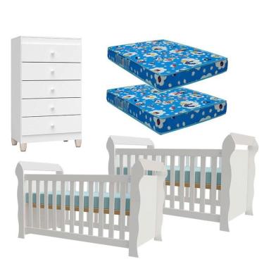 Imagem de 02 Berços Americano Lara Com 02 Colchões E Cômoda Gaveteiro Ternura Baby Branco Brilho - Incorplac