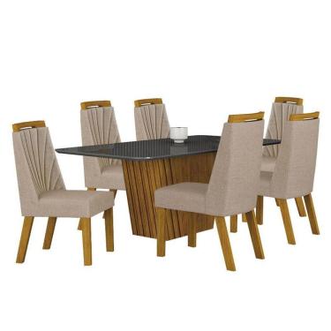 Imagem de Mesa De Jantar Liz 180x90 Freijó Chumbo Com 6 Cadeiras Freijó Linho Palha – Leifer Móveis