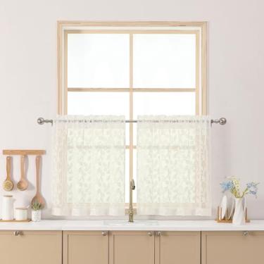 Imagem de Chyhomenyc Cortinas transparentes marfim de 61 cm de comprimento, cortina de cozinha pequena para janela com filtragem de luz tufada e texturizada sobre a pia, cortinas curtas de meia janela para