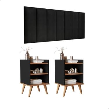 Imagem de Kit Quarto Casal Cabeceira Madri 1,40 e 02 Mesas de Cabeceira Retrô 02 Nichos e 01 Prateleira Jade cores (Preto/Nature)