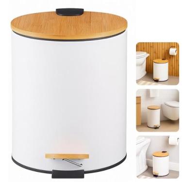 Imagem de Lixeira 5 Litros Pedal Tampa Bambu Branca Redonda Banheiro Lavabo Cozi