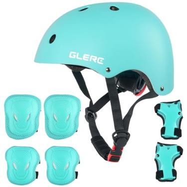 Imagem de Glerc Capacete esportivo infantil Warrior ajustável, com protetor de mão e joelheira para crianças de 3 a 9 anos, para ciclismo, bicicleta, skate, patinação, tamanho P, ciano