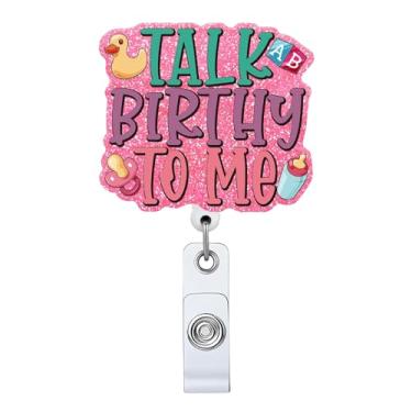 Imagem de Talk Birthy to Me Carretel de crachá retrátil rosa com clipe de identificação, cartão de identificação, brinquedo de bebê, presente para enfermeiras, médicos, parteiras, clipe jacaré