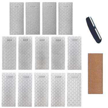 Imagem de 14 peças de pedra de amolar de diamante, com guia de ângulo e Strop de couro, pedra de amolar de pedra de amolar placa de superfície de favo de mel com base antiderrapante para facas de bolso e