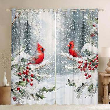 Imagem de Cortina de Feliz Natal para quarto, cortina de janela com estampa de pássaro cardeal de baga vermelha para meninas, meninos, férias de inverno, tratamento de janela com folhas verdes de pinheiro