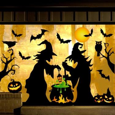 Imagem de JarThenaAMCS Adesivos extra grandes para janela de Halloween, caldeirão de bruxa, preto, decalques de vidro dupla face para decoração de festa, sala de aula, escritório, 4 folhas