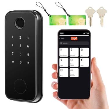 Imagem de OETEX Fechadura de porta de impressão digital inteligente LED | Acesso sem chave 5 em 1, biométrico, código, cartão, chaves, aplicativo TTLock | Design moderno sem alça | Indicador LED legal | Liga