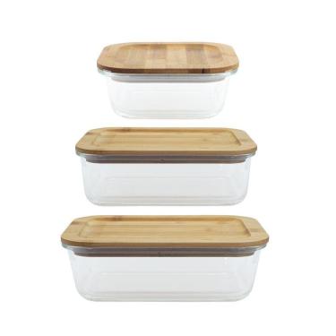 Imagem de Conjunto 3 Potes Vidro Herméticos Com Tampa De Bambu - Oikos