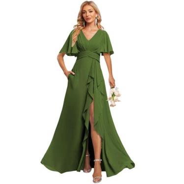Imagem de Vestido de dama de honra Deamify com decote em V e chiffon verde-oliva