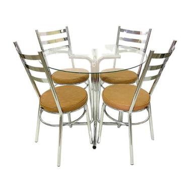 Imagem de Conjunto de Mesa Redonda com 4 Cadeiras Cromadas Reforço Assento Caram
