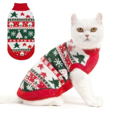 Imagem de PUPTECK Suéter de gato de Natal, roupas de inverno macias e quentes para animais de estimação, suéter de gatinho, casaco de malha para gatos, roupas de clima frio, vermelho e verde P