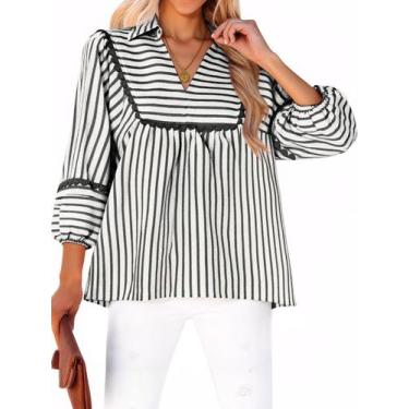 Imagem de Blusa feminina Tankaneo listrada Babydoll, manga 3/4, preta e branca