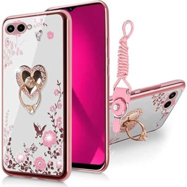 Imagem de B-wishy T-Mobile Revvl 8 TMRV08 5G Capa para mulheres, Glitter Crystal Butterfly Heart Floral Slim TPU Luxuosa Bling Linda Capa Protetora com Suporte + Alça para Telefone T 3 5G (Ouro)