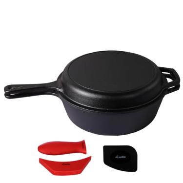 Imagem de Frigideira de ferro fundido (extra profunda) - 26 cm com tampa de frigideira, frigideiras + capas de suporte de alça de silicone - Utensílios de cozinha seguros para forno - Uso interno/externo - Use