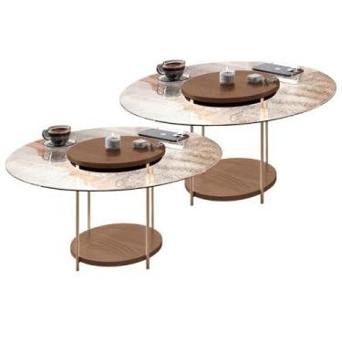 Imagem de Kit 02 Mesas De Centro Para Sala Redonda Tampo Vidro Pés Aço Allure B0