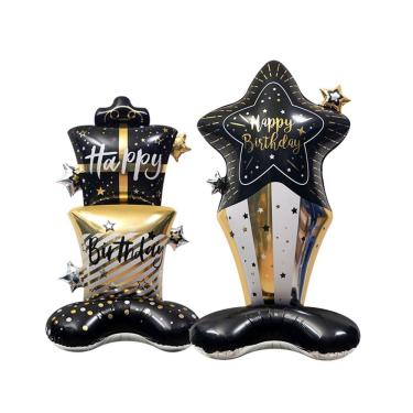Imagem de Balões metalizados, estrela 4D e caixa de presente preta e dourada, 2 unidades