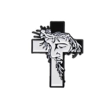 Imagem de Broche Creative Cross com design de retrato em preto e branco