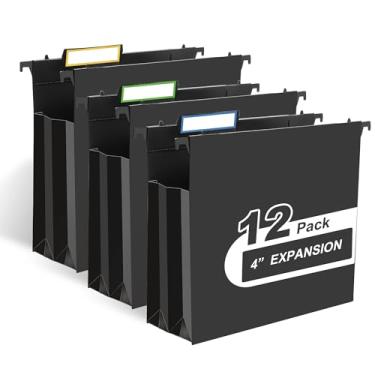 Imagem de Y YOMA Pasta de arquivo de plástico com capacidade extra, tamanho carta, expansão de 10 cm, pacote com 12 pastas suspensas expansíveis pretas reforçadas com abas, acordeão resistente à prova d'água