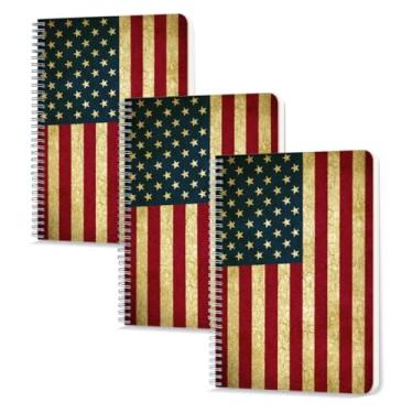 Imagem de Caderno espiral forrado, 100 páginas, pacote com 3, 14,5 x 21 cm, papel pautado universitário, caderno espiral duplo para estudo e anotações – Bandeira da América vintage