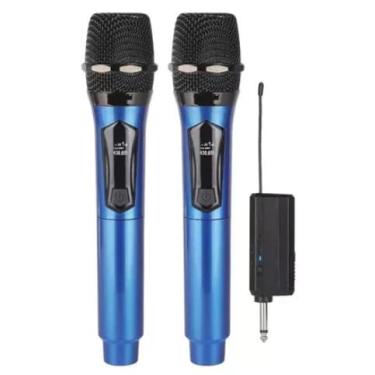 Imagem de Kit 2 Microfones Dinâmico Sem Fio Profissional Recarregável Uhf para Karaokê (Azul)