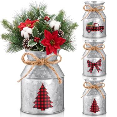 Imagem de Domensi 3 peças de vasos de flores de metal de Natal, decoração de 13 cm, casa de fazenda, árvore de Natal, caminhão de leite, jarro rústico com baldes de laço, vaso rústico para mesa de centro de