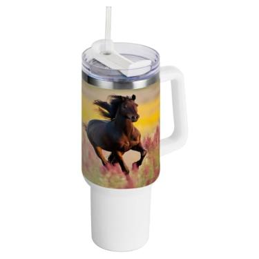 Imagem de Kigai Copo de 1,134 g com tampa e canudo, copo de aço inoxidável durável à prova de vazamento de cavalo de corrida com alça, garrafas de água à prova de derramamento para viagens