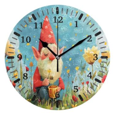 Imagem de CEBUGI 1 relógio de parede Gnomo 1 relógio redondo operado por bateria relógios de parede silenciosos sem tique-taque para cozinha, banheiro, quarto, escritório, decoração 25,4 cm