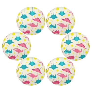 Imagem de Wassud Jogo americano conjunto de 6 tapetes redondos de arraias de desenho animado para cozinha e jantar tapetes laváveis resistentes ao calor para decoração de mesa 39 cm