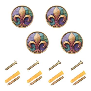 Imagem de Burbuja Maçanetas de armário de cozinha Mardi Gras Fleur-de-lis pacote com 4, puxadores redondos de 3,5 cm, puxadores de cômoda com parafusos para cozinha, quarto, armários, armário