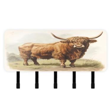 Imagem de Burbuja Porta-chaves Highland Cow com 5 ganchos, porta-chaves autoadesivo montado na parede, organizador de armazenamento de correio para entrada, decoração de casa