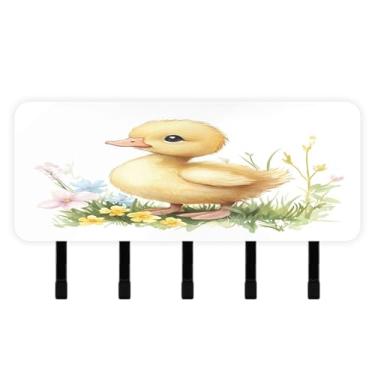 Imagem de Burbuja Lindo porta-chaves de flores de pato na grama com 5 ganchos, porta-chaves autoadesivo montado na parede, organizador de armazenamento de correio para entrada, decoração de casa