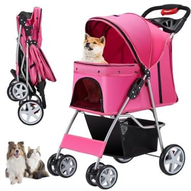 Imagem de Unisakey Carrinho de bebê de 4 rodas para cães pequenos, médios e gatos, 15 kg, respirável, dobrável, com cesta de armazenamento, carrinho de viagem para todas as estações, almofada de movimento e