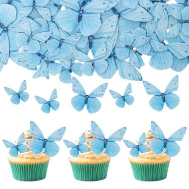 Imagem de Gyufise 72 peças de topos e decorações de cupcake de borboleta comestível para chá de bebê e festa de aniversário infantil - azul