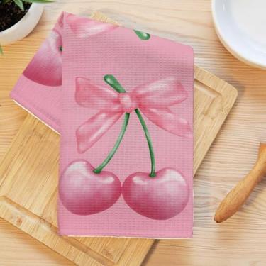 Imagem de Coquette Toalhas de cozinha com laço rosa, laço preppy cereja decorativo toalha de prato de microfibra absorvente toalha de chá, toalhas de mão macias de waffle para decoração de casa de banho de casa